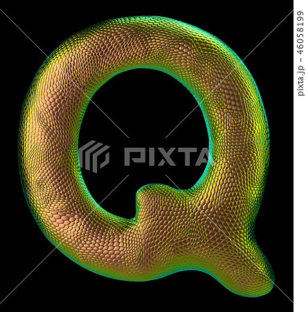 Letter Q made of natural snake skin texture gold color. 3D letter render isolated on black. 46058199