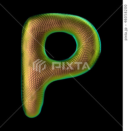 Letter P made of natural snake skin texture gold color. 3D letter render isolated on black. 46058200