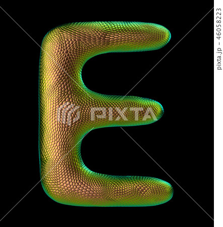 Letter E made of natural snake skin texture gold color. 3D letter render isolated on black. Letter E made of natural snake skin texture gold color. 3D letter render isolated on black. 46058223