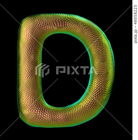 Letter D made of natural snake skin texture gold color. 3D letter render isolated on black. 46058225