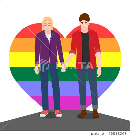 Two men hold hands, they are gay.  46058263