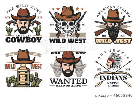 Western Theme Icons With Cowboy In Hat And Weaponのイラスト素材