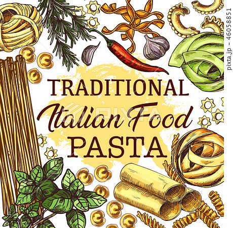 Italian cuisine poster with pasta and seasonings Italian cuisine poster with pasta and seasonings 46058851