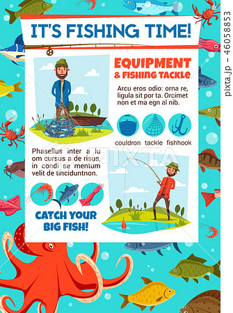 Fishing contest invitation with fisher and tackle 46058853