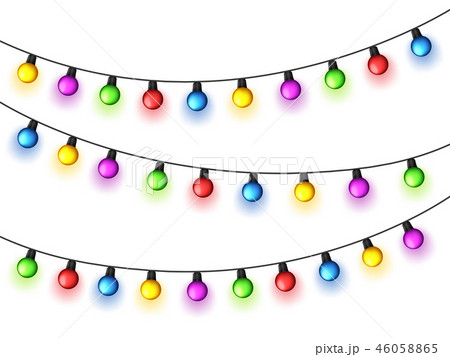 Christmas glowing lights on white background. Garlands with colored bulbs. Xmas holidays. Christmas Christmas glowing lights on white background. Garlands with colored bulbs. Xmas holidays. Christmas 46058865