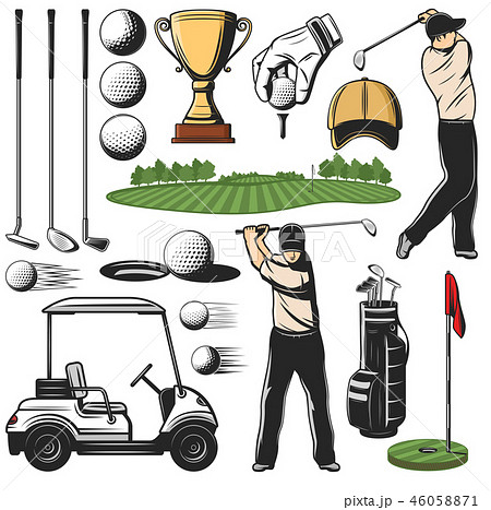 Golf sport items icons and player with play course 46058871