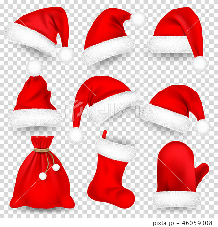 Christmas Santa Claus Hats With Fur Set, Mitten, Bag, Sock. New Year Red Hat Isolated on White 46059008