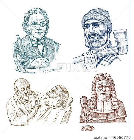 Vintage Professions. Judge man or magistrate, scientist professor with glasses. Hairdresser in Vintage Professions. Judge man or magistrate, scientist professor with glasses. Hairdresser in 46060776