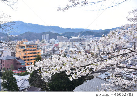 日本 岐阜県高山市 春の高山祭期間中 城山公園から見た高山市街地 中橋と民家と満開の桜 日本 岐阜県高山市 春の高山祭期間中 城山公園から見た高山市街地 中橋と民家と満開の桜 46062783