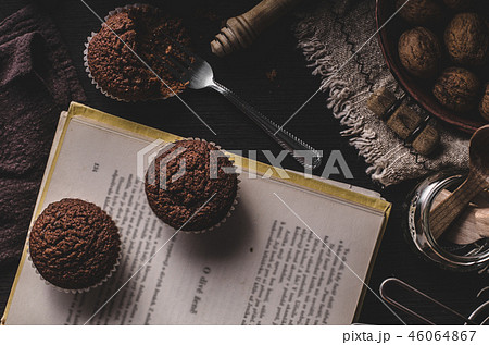 Homemade chocolate muffins with chocolate topping Homemade chocolate muffins with chocolate topping 46064867