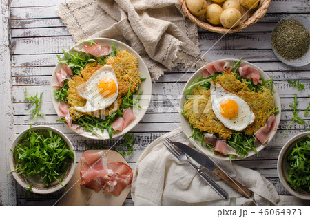 Potato pancakes with eggs and ham Potato pancakes with eggs and ham 46064973