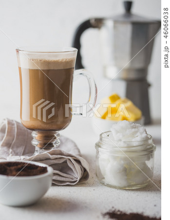 BULLETPROOF COFFEE. Ketogenic keto diet coffe blended with coconut oil and butter. Cup of BULLETPROOF COFFEE. Ketogenic keto diet coffe blended with coconut oil and butter. Cup of 46066038