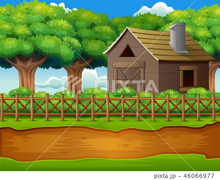 Farm landscape with shed and green plants 46066977