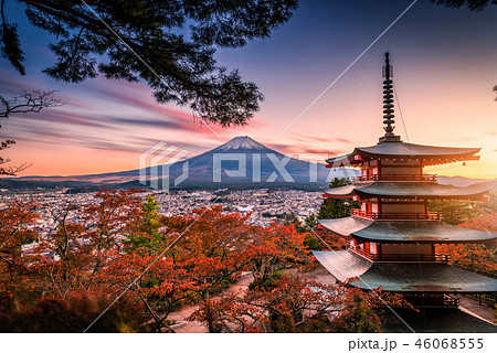 Mt. Fuji with Chureito Pagoda and red leaf Mt. Fuji with Chureito Pagoda and red leaf 46068555