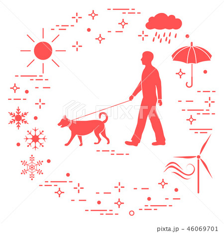 Man walking a dog on a leash in any weather Man walking a dog on a leash in any weather 46069701