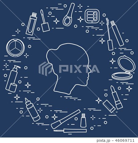 Silhouette of female head and various accessories 46069711