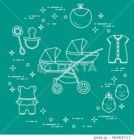 Stroller, twins, rattle, pacifier, bib, overalls 46069712