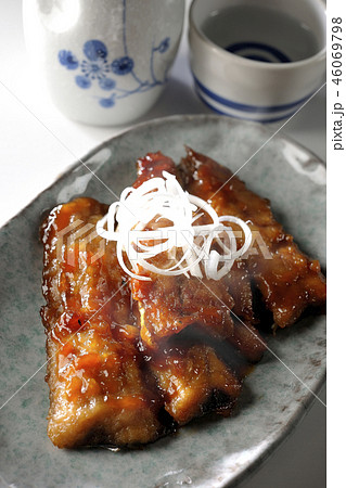 秋刀魚の蒲焼きと日本酒（湯気あり） 46069798