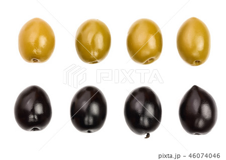 Green and black olives isolated on a white background. Top view. Flat lay. Set or collection Green and black olives isolated on a white background. Top view. Flat lay. Set or collection 46074046