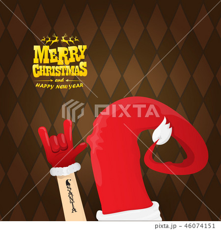 vector cartoon rock n roll Santa Claus character with gold calligraphic greeting text on brown plaid 46074151