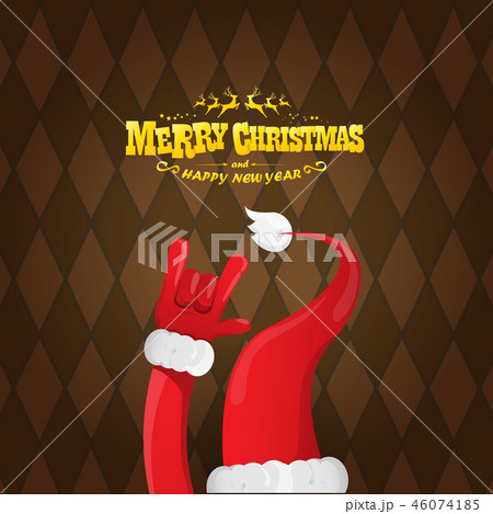 vector cartoon rock n roll Santa Claus character with gold calligraphic greeting text on brown plaid 46074185