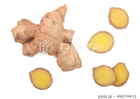 fresh Ginger root and slice isolated on white background. Top view. Flat lay 46074413