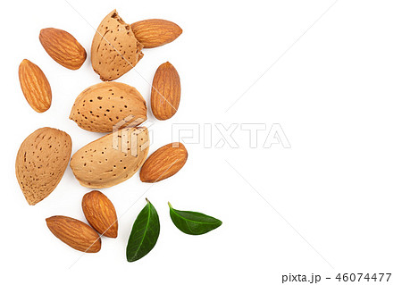 almonds with leaves isolated on white background with copy space for your text. Top view. Flat lay almonds with leaves isolated on white background with copy space for your text. Top view. Flat lay 46074477
