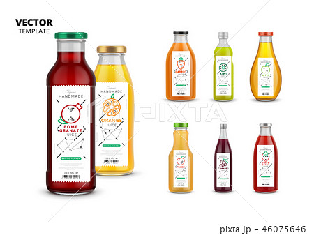 Fresh juice realistic glass bottles with labels Fresh juice realistic glass bottles with labels 46075646