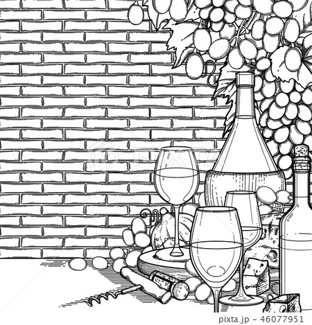 Graphic glasses of wine, bottles, white grapes and cheese. Graphic glasses of wine, bottles, white grapes and cheese. 46077951