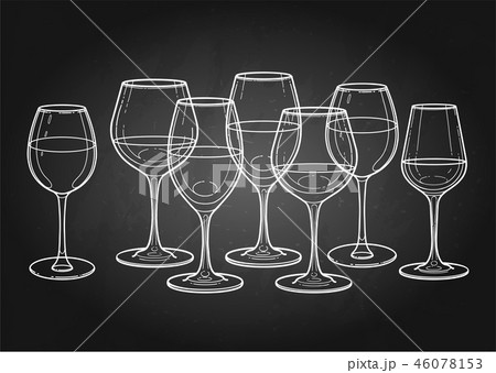 Graphic row of wine glasses isolated on white background 46078153