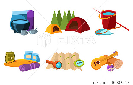 Touristic equipment, tools for hiking, fishing and camping, accessories for travel vector Touristic equipment, tools for hiking, fishing and camping, accessories for travel vector 46082418