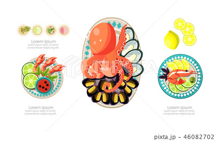 Seafood dishes set, shrimps, octopus, mussels marine products, caviar restaurant menu vector Seafood dishes set, shrimps, octopus, mussels marine products, caviar restaurant menu vector 46082702
