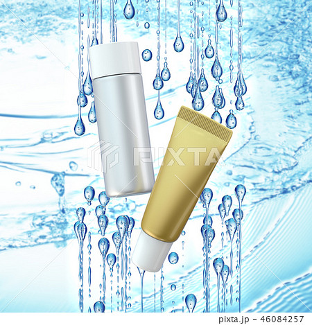 Cream bottle mock up in water splash on blue bokeh background. 46084257