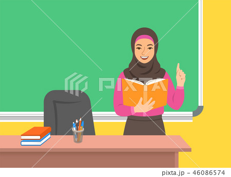 Arab teacher reads book near blackboard in class Arab teacher reads book near blackboard in class 46086574