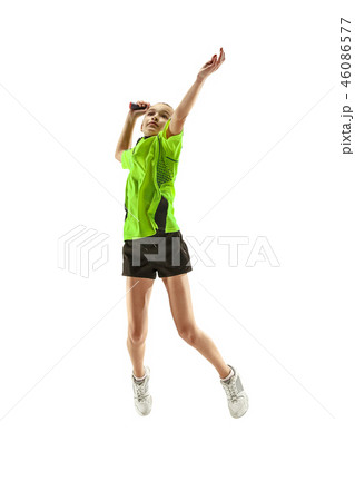 one caucasian young teenager girl woman playing Badminton player isolated on white background 46086577