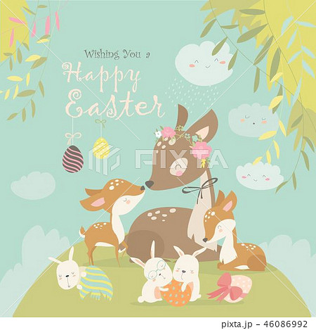 Cartoon Deer family with cute bunnies. Happy animals for Easter. 46086992