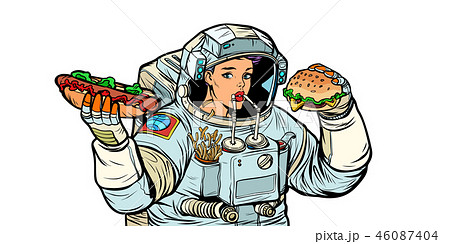 Woman astronaut eats. Cola, hot dog and Burger fast food. Isolat 46087404
