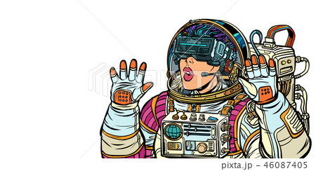 Surprised woman astronaut in virtual reality glasses. Girls 80s 46087405
