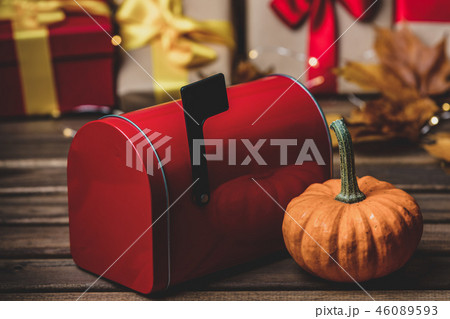 leaves and pumpkin with Halloween gift box and postbox leaves and pumpkin with Halloween gift box and postbox 46089593