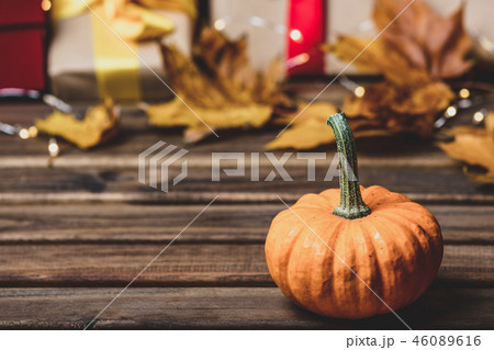 leaves and pumpkin with Halloween gift box leaves and pumpkin with Halloween gift box 46089616