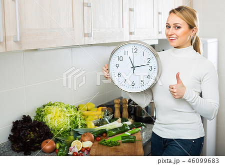 Housewife with clocks at kitchen Housewife with clocks at kitchen 46099683