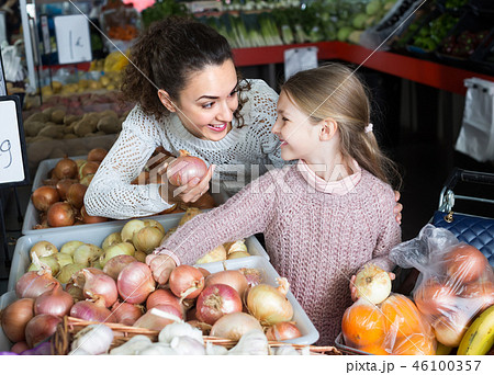 Woman and little girl at market. Woman and little girl at market. 46100357