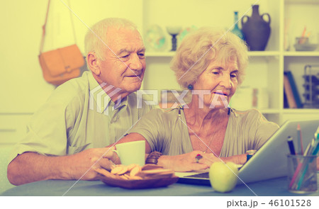 Happy elderly pair using laptop at home 46101528