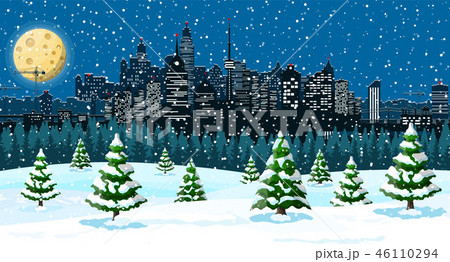 Christmas winter cityscape, snowflakes and trees 46110294