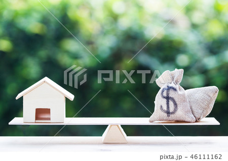 Balance a money bag and small residential. 46111162