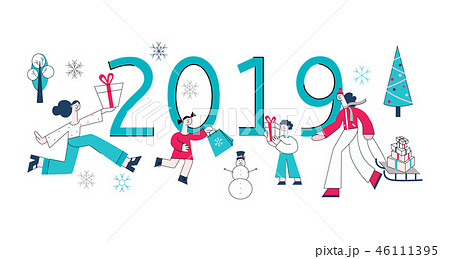 Vector flat man woman 2019 sale snowman presents Vector flat man woman 2019 sale snowman presents 46111395