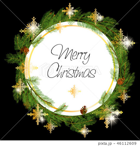 Christmas Wreath Made of Naturalistic Looking Pine Branches Decorated with Gold Stars and Bubbles. Christmas Wreath Made of Naturalistic Looking Pine Branches Decorated with Gold Stars and Bubbles. 46112609
