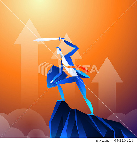 Flat isometric vector concept. A businessman that looks like a superhero is showing sword on 46115519