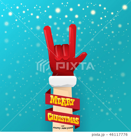 vector cartoon rock n roll Santa Claus character with gold calligraphic greeting text on azure 46117776