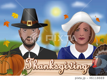 Thanksgiving card with couple in national costumes 46118669